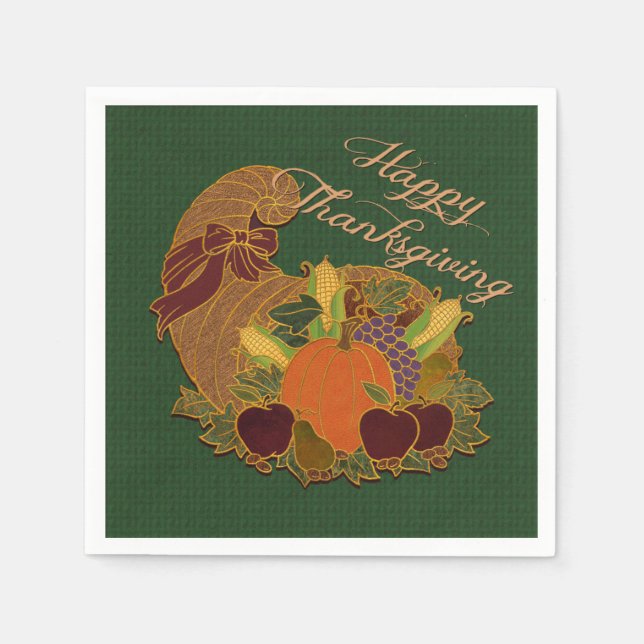 Green Cornucopia Thanksgiving Napkins (Front)