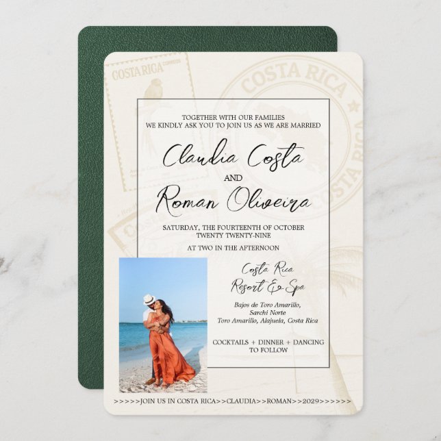 Green Costa Rica Passport Wedding Invitation (Front/Back)
