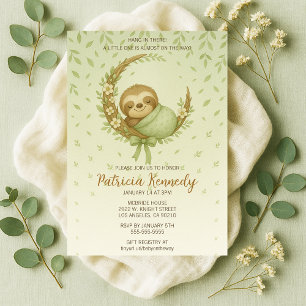 Green Cosy Sloth Woodland Baby Shower Invitation