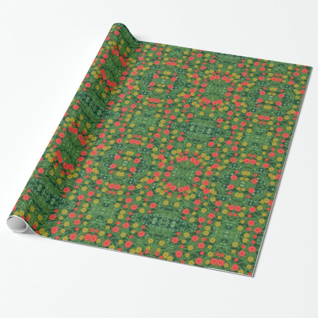 Green Country Flowers Mirror Pattern Gift Wrap (Unrolled)