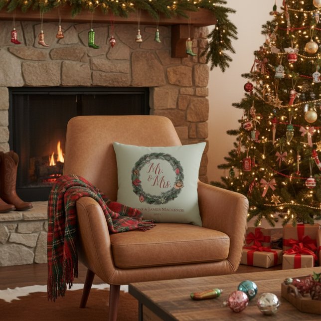 Green Country Wedding Mr. and Mrs. Christmas Cushion (Country Sage Green Mr & Mrs Christmas Pillow. Pine Wreath with Vintage Ornaments, Cowboy Hat, Boots)