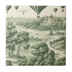 Green Countryside Hot Air Balloon Toile (11) Ceramic Tile