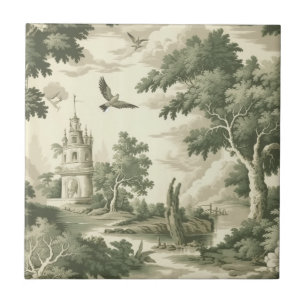 Green Countryside Hot Air Balloon Toile (2) Ceramic Tile