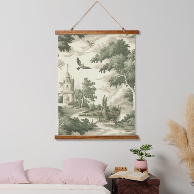 Green Countryside Hot Air Balloon Toile (2) Hanging Tapestry (Bedroom)