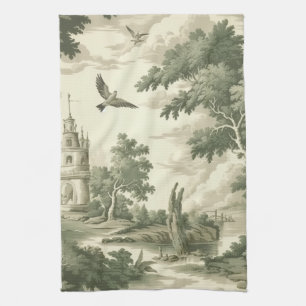 Green Countryside Hot Air Balloon Toile (2) Tea Towel