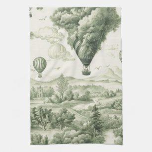 Green Countryside Hot Air Balloon Toile (3) Tea Towel