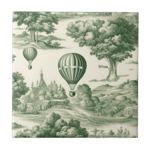Green Countryside Hot Air Balloon Toile (4) Ceramic Tile
