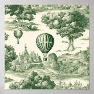 Green Countryside Hot Air Balloon Toile (4) Poster