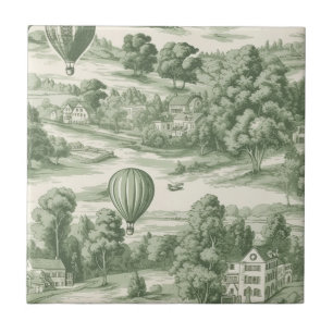 Green Countryside Hot Air Balloon Toile (6) Ceramic Tile