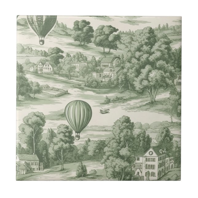 Green Countryside Hot Air Balloon Toile (6) Ceramic Tile (Front)