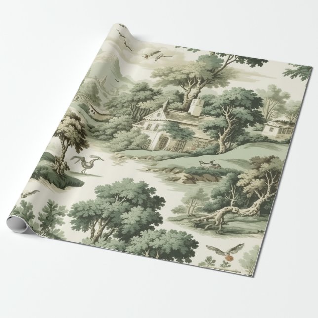 Green Countryside Hot Air Balloon Toile (8) Wrapping Paper (Unrolled)