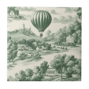 Green Countryside Hot Air Balloon Toile (9) Ceramic Tile