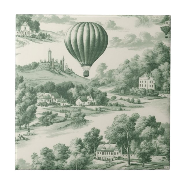 Green Countryside Hot Air Balloon Toile (9) Ceramic Tile (Front)