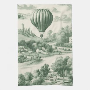 Green Countryside Hot Air Balloon Toile (9) Tea Towel