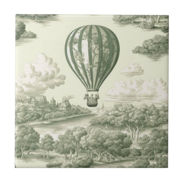 Green Countryside Hot Air Balloon Toile Ceramic Tile (Front)