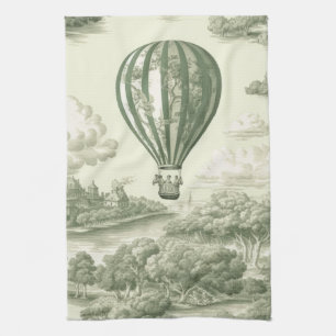 Green Countryside Hot Air Balloon Toile Tea Towel