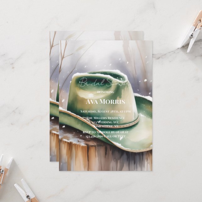 Green Cowboy Hat in Snow Bridal Shower Invitation (Front/Back In Situ)