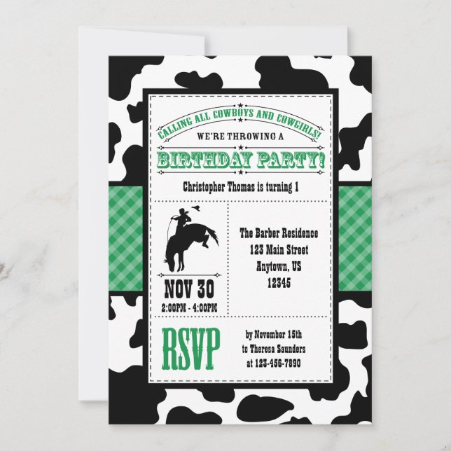 Green Cowhide Cowboy Birthday Invitation (Front)