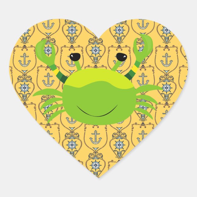Green Crab on Nautical Anchor Heart Sticker (Front)
