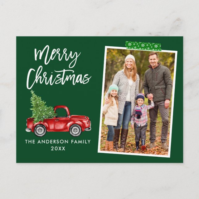Green Craft Tape Brush Script Truck Christmas Postcard (Front)