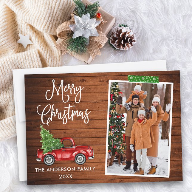 Green Craft Tape Calligraphy Christmas Truck Wood Holiday Card (Customize to add text to back of card.)