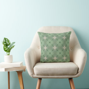 Green, Cream and Pink Leaf Repeat Pattern Cushion