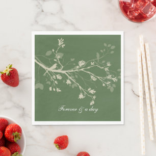 Green Cream Bird Branches Floral Wedding Napkin