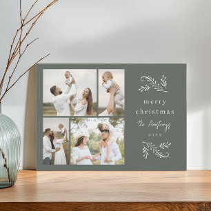 Green & Cream Botanical 4 Photo Collage Holiday Card