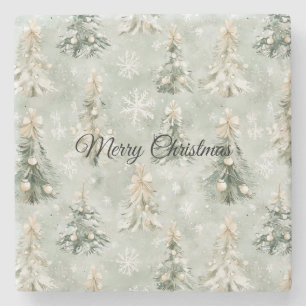 Green Cream Christmas Trees Snowflakes Stone Coaster