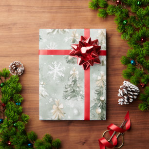 Green Cream Christmas Trees Snowflakes Wrapping Paper