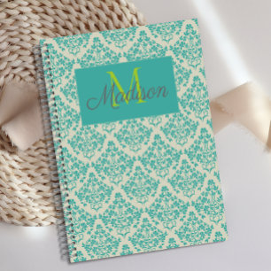 Green Cream Damask Cute Girly Trendy Monogram Planner