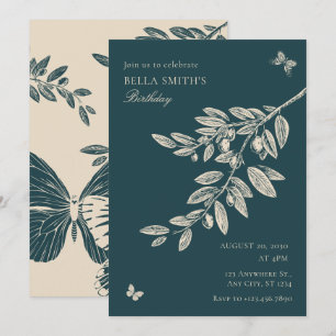 Green Cream Floral Butterfly Art Invitation