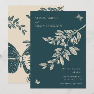 Green Cream Floral Butterfly Art wedding  Invitation