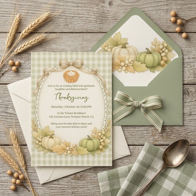 Green & Cream Gingham Thanksgiving Invitation (Creator Uploaded)