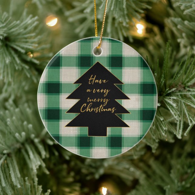 Green Cream Plaid Christmas Tree Ceramic Ornament (Tree)
