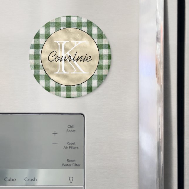 Green Cream Plaid Stripes Gold Monogram      Magnet (In Situ (Fridge))