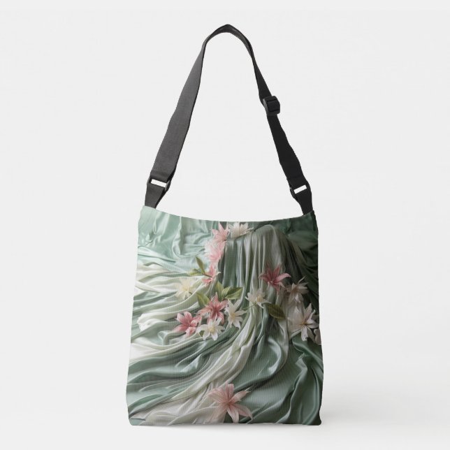 Green, Cream, Silk Drapes & Pinkish Flowers Crossbody Bag (Front)