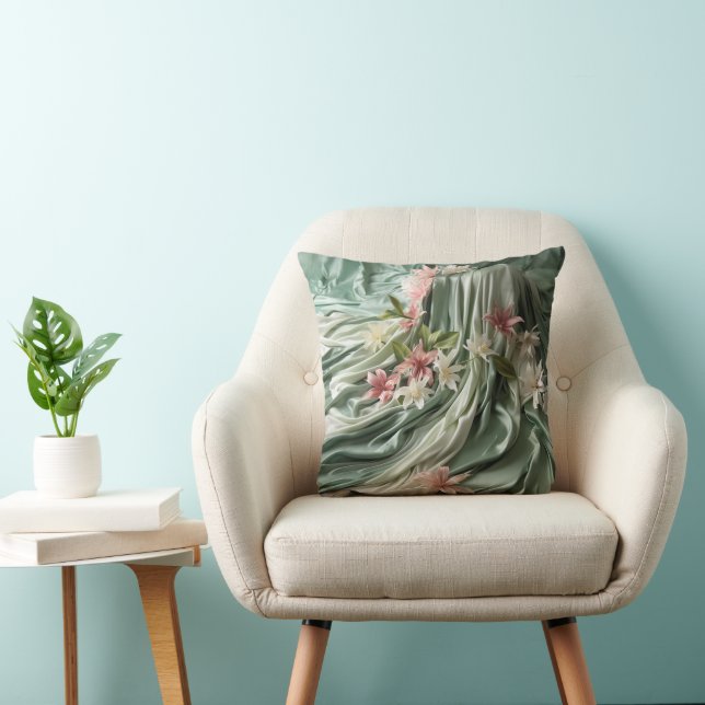 Green, Cream, Silk Drapes & Pinkish Flowers Cushion (Chair)