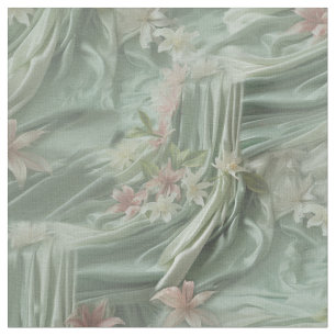 Green, Cream, Silk Drapes & Pinkish Flowers Fabric