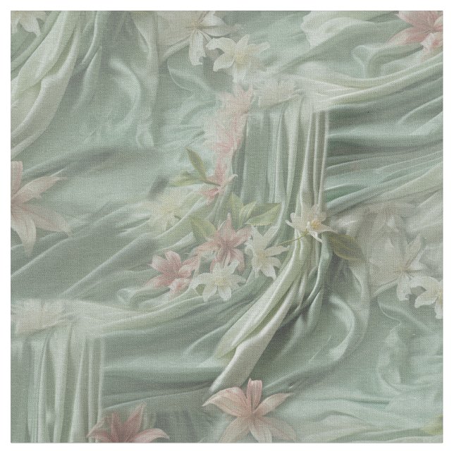 Green, Cream, Silk Drapes & Pinkish Flowers Fabric (Close Up)