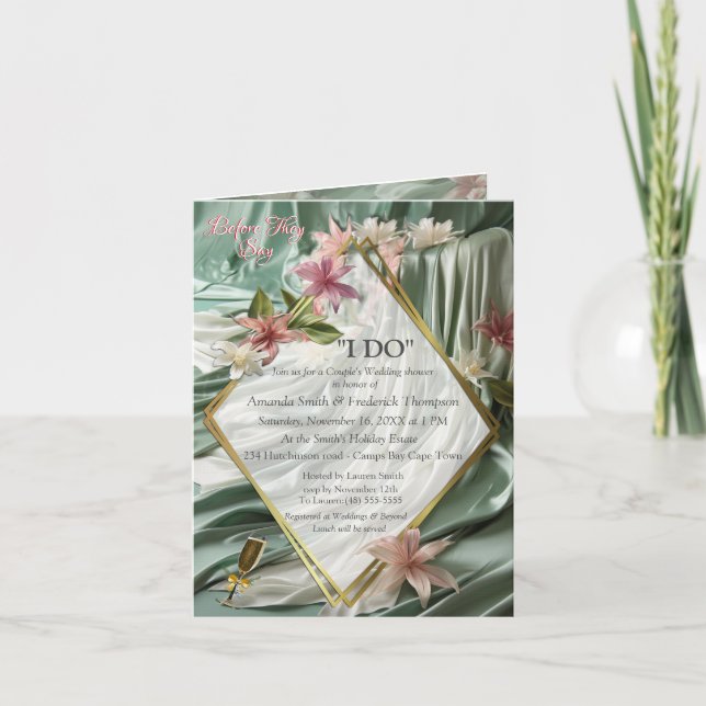 Green, Cream, Silk Drapes & Pinkish Flowers Invitation (Front)