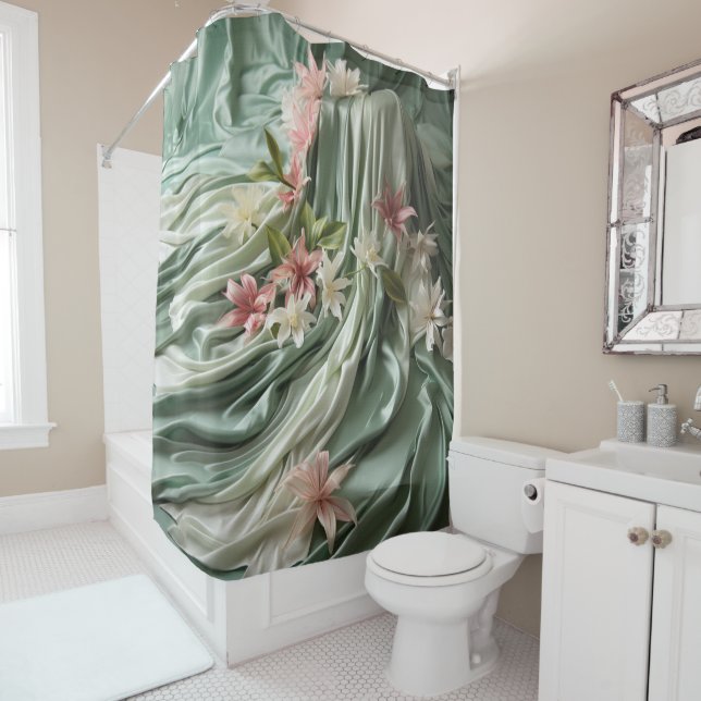 Green, Cream, Silk Drapes & Pinkish Flowers Shower Curtain (In Situ)