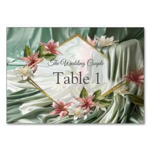 Green, Cream, Silk Drapes & Pinkish Flowers Table Number