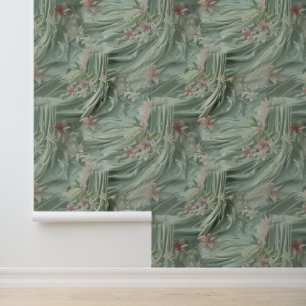 Green, Cream, Silk Drapes & Pinkish Flowers Wallpaper