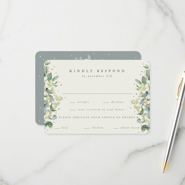 Green/Cream Snowberry+Eucalyptus Edged Wedding RSVP Card (Front/Back In Situ)