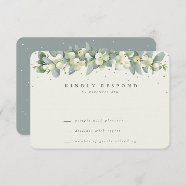 Green/Cream Snowberry+Eucalyptus Garland Wedding RSVP Card (Front/Back)