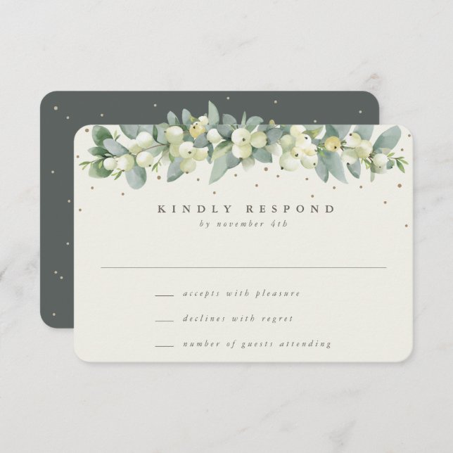Green/Cream Snowberry+Eucalyptus Garland Wedding RSVP Card (Front/Back)