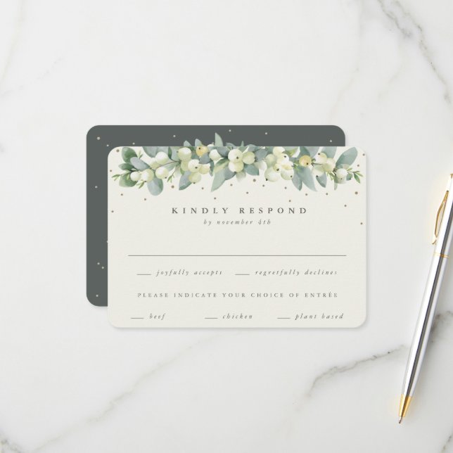 Green/Cream Snowberry+Eucalyptus Garland Wedding RSVP Card (Front/Back In Situ)