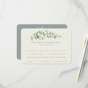 Green/Cream Snowberry+Eucalyptus Stem Wedding RSVP Card