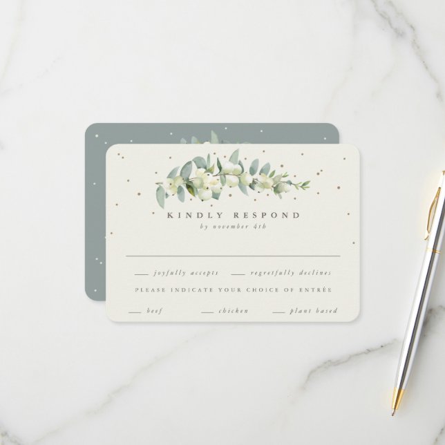 Green/Cream Snowberry+Eucalyptus Stem Wedding RSVP Card (Front/Back In Situ)